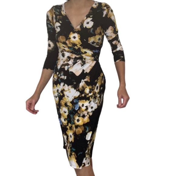 Ralph Lauren Black Yellow multi Floral Ruched Faux Wrap Dress V Neck Size 2 - Picture 4 of 17